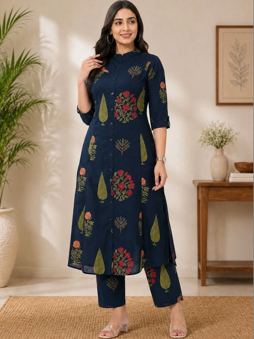 YADHIKA CREATION Women Ethnic Motifs Printed Regular Pure Cotton Kurta with Trousers