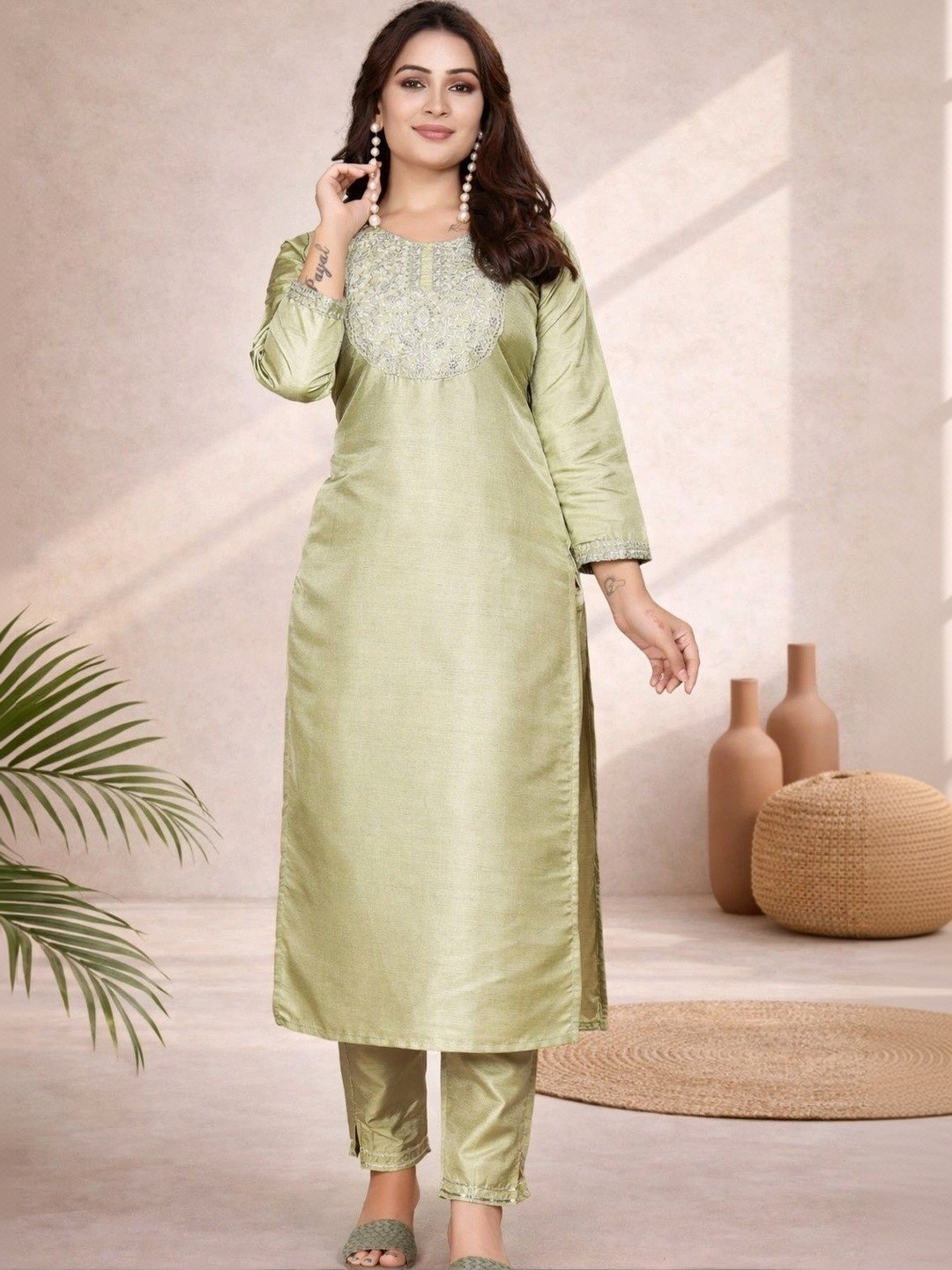 Sangria Floral Embroidered Tunic with Trousers