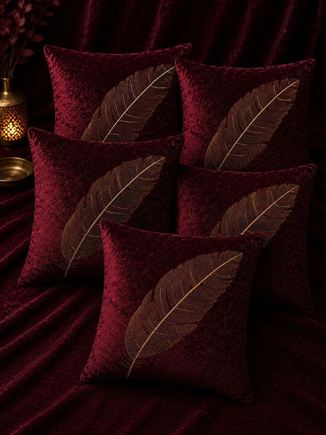 VORNEXA Maroon Set of 5 Velvet Square Cushion Covers