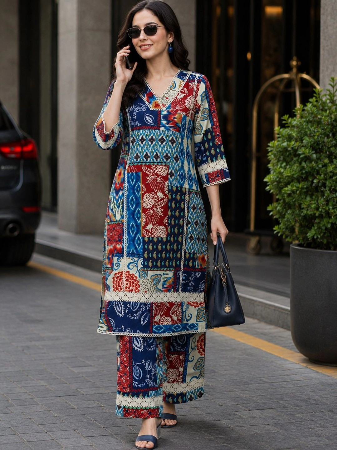 Women's Multicolor Patchwork Printed Cotton Blend Co-Ord Set with Lace Detail