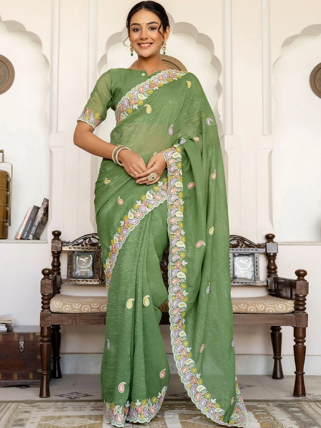 SAARA Paisley Embroidered Pure Chiffon Saree