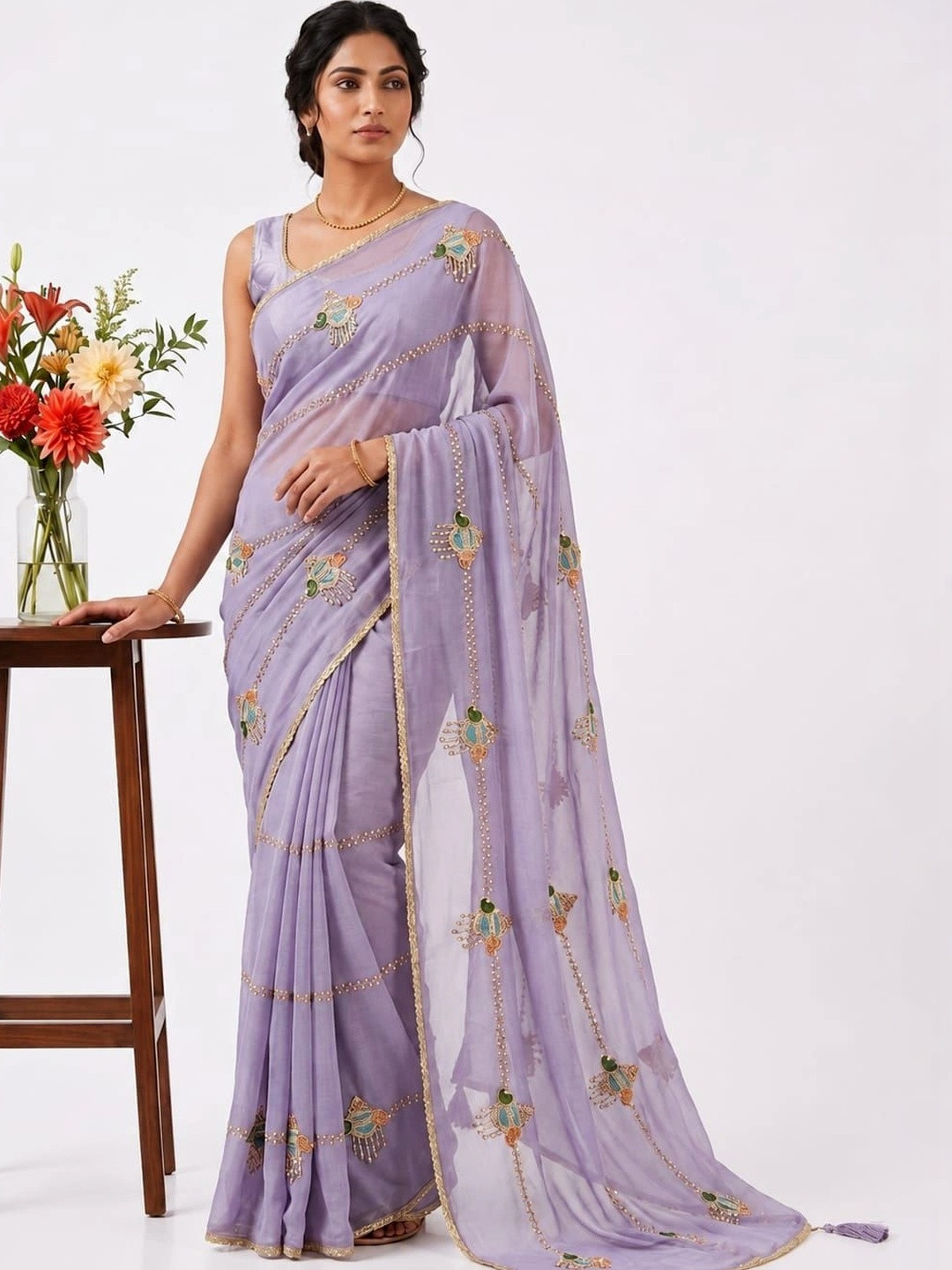 SHRIJAMYAHAM Embroidered Poly Georgette Heavy Work Saree