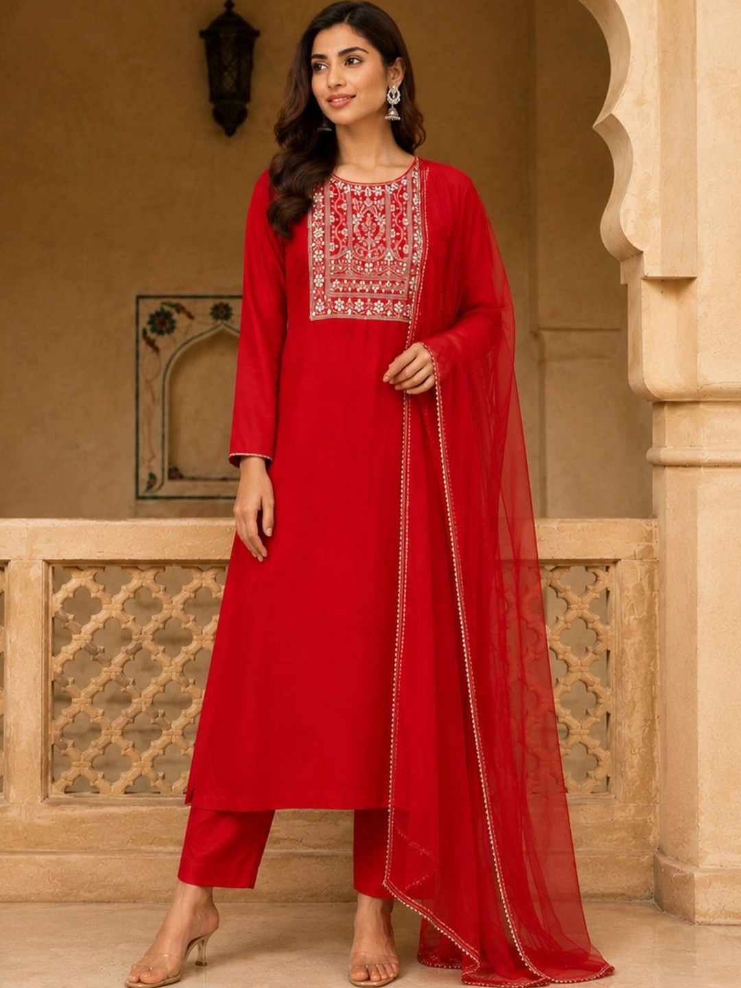 Anouk Mirage Women Ethnic Motifs Embroidered Regular Thread Work Kurta with Trousers & With Dupatta