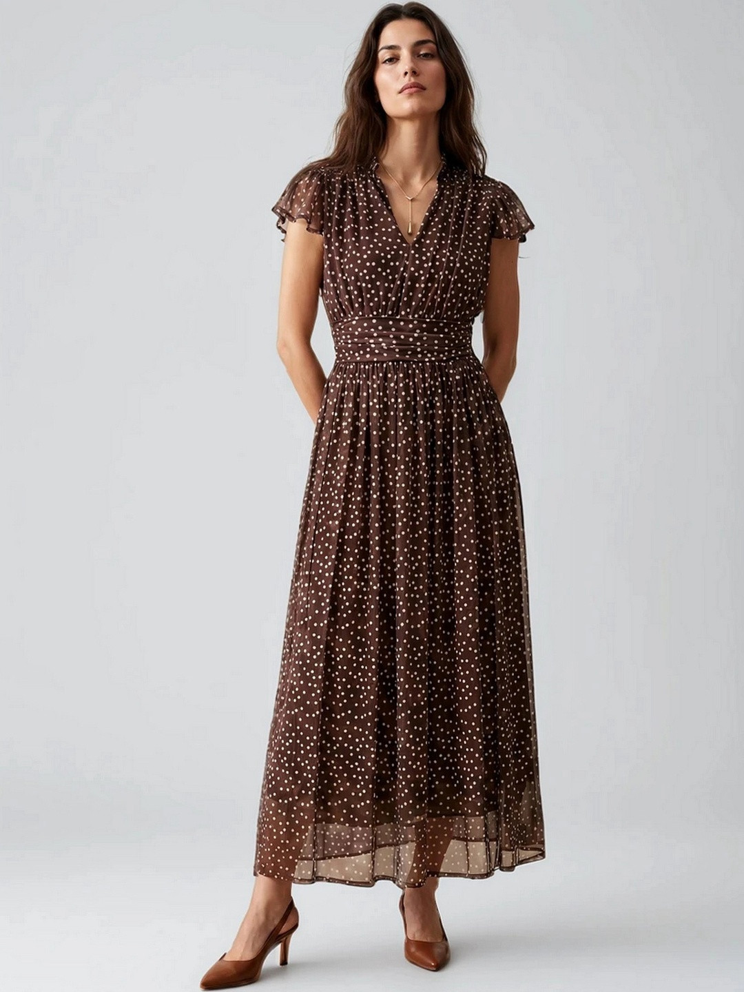 all about you Polka Dot Print Flutter Sleeve A-Line Maxi Dress