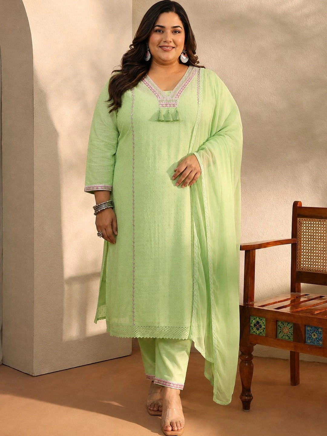 EXTRA LOVE BY LIBAS Women Ethnic Motifs Embroidered Regular Thread Work Kurta with Trousers & With Dupatta