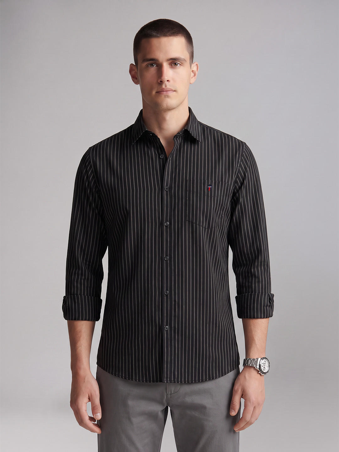 Louis Philippe Sport Slim Fit Striped Pure Cotton Casual Shirt