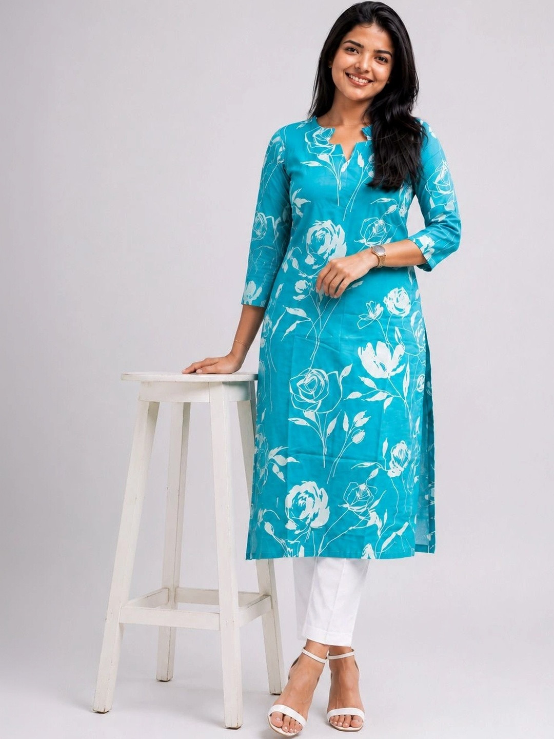 Lugru Collection Floral Printed V-Neck Kurti