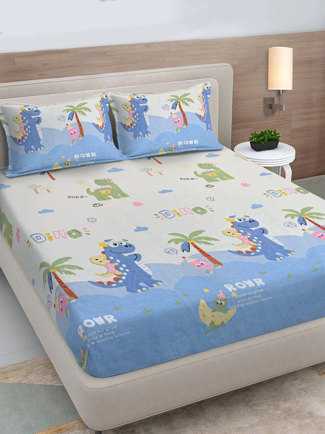 FABINALIV White & Blue Cartoon Characters 300 TC King Bedsheet with 2 Pillow Covers