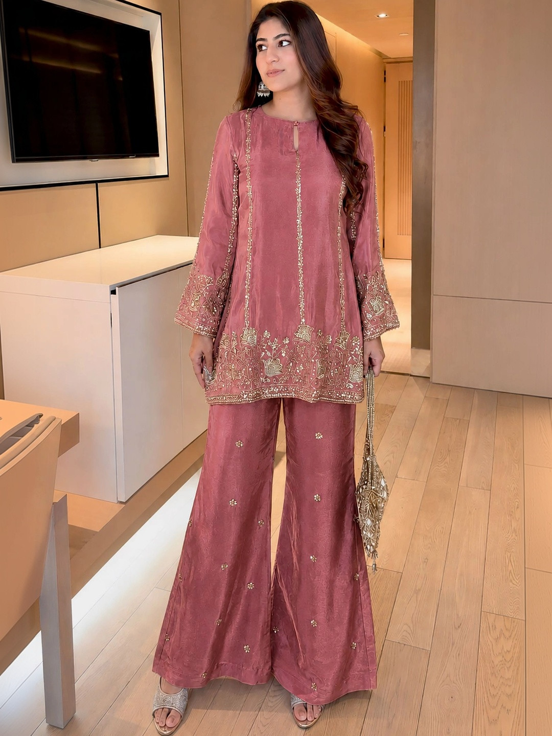 BAESD Women Ethnic Motifs Embroidered Regular Pure Silk Kurta with Palazzos