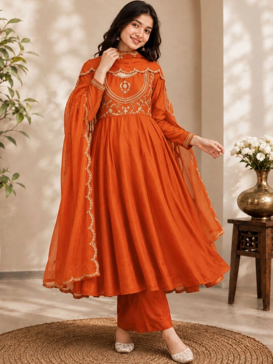 CurlyTales Girls Ethnic Motifs Embroidered Angrakha Pure Silk Kurta with Trousers & With Dupatta