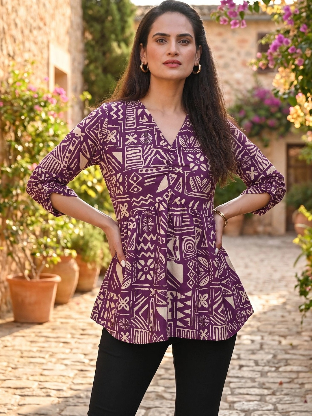 HIALTO Print Roll-Up Sleeves Cotton Blend Peplum Top