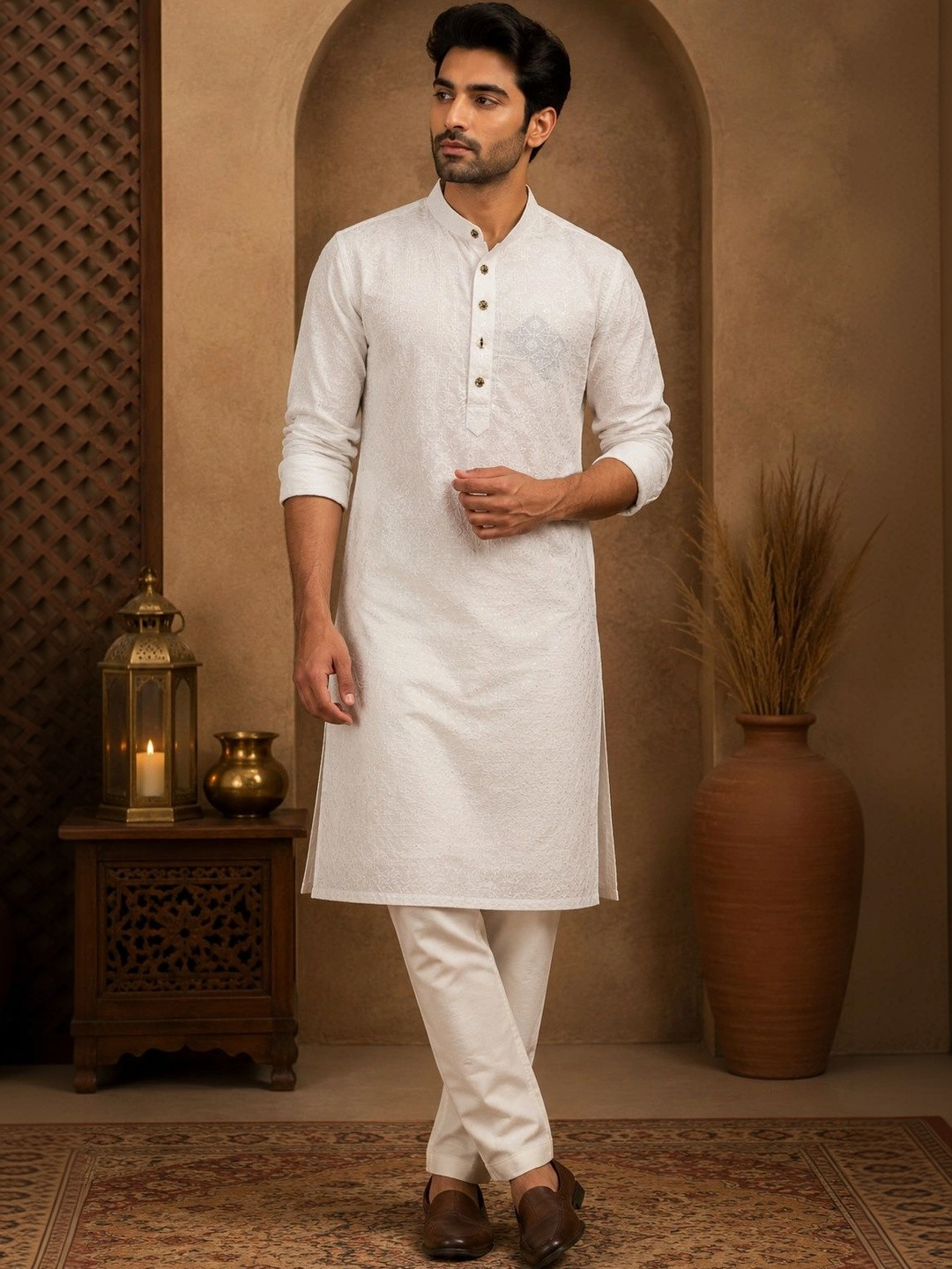 FUBAR Men Ethnic Motifs Embroidered Regular Chikankari Kurta with Trousers