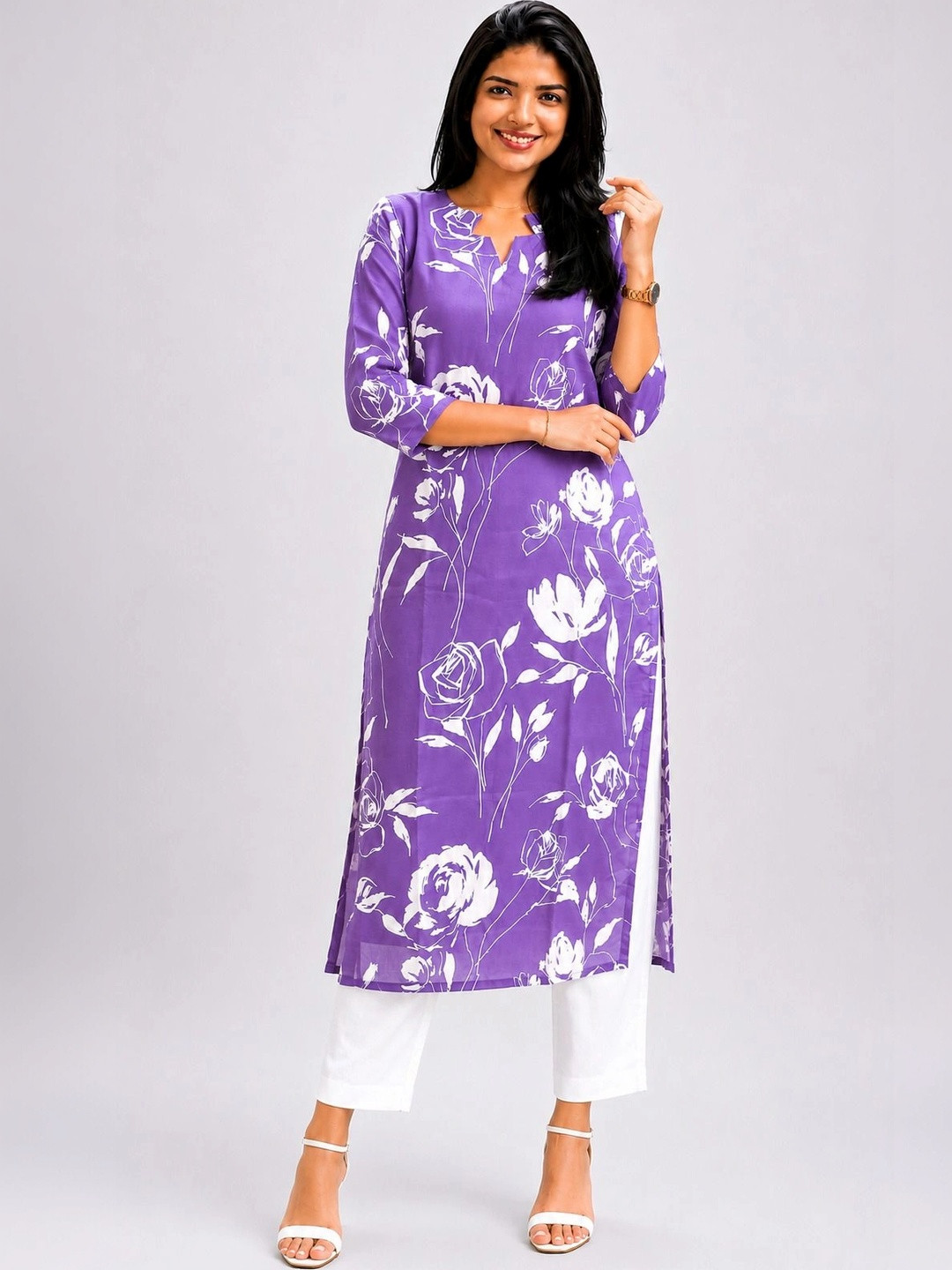 Lugru Collection Floral Printed V-Neck Kurti