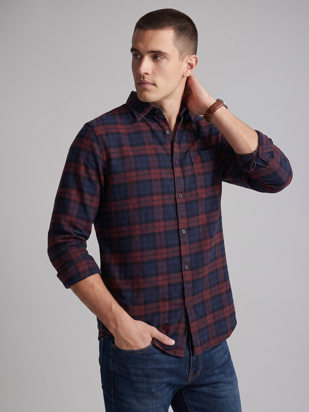 U.S. Polo Assn. Denim Co. Tartan Checked Pure Cotton Casual Shirt - Image 1