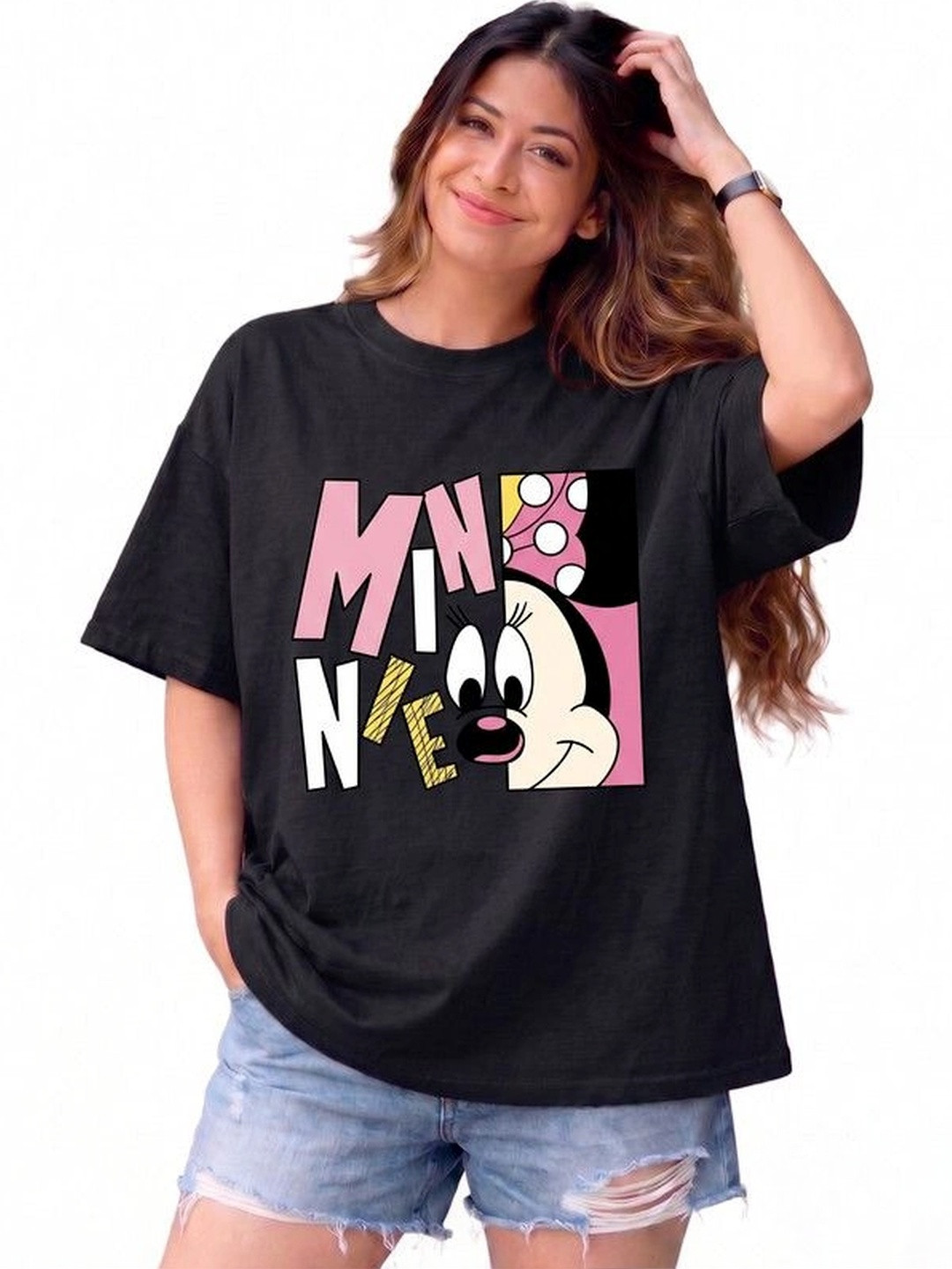 9TUNKI Women Minnie Mouse Printed Drop-Shoulder Sleeves Pure Cotton T-shirt