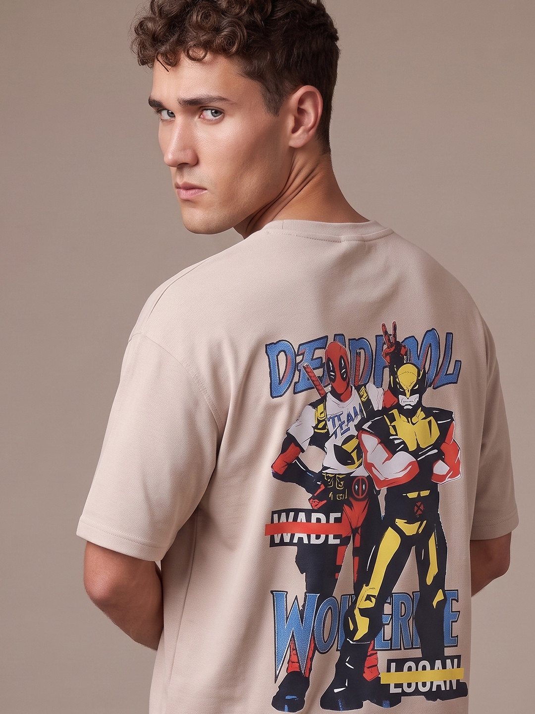 Beige Deadpool Superhero Printed Oversized Fit T-shirt