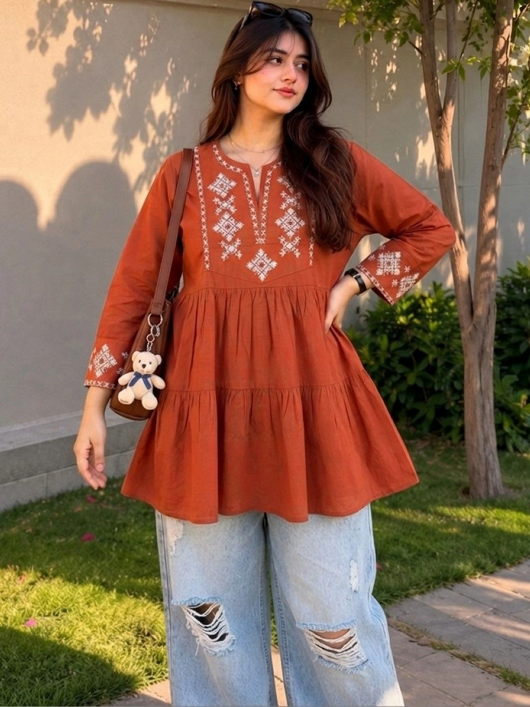 NEW-18 Ethnic Motifs Embroidered V-Neck Flared Sleeves Tiered Kurti