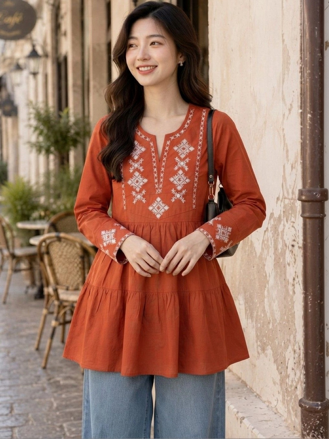 NEW-18 Ethnic Motifs Embroidered V-Neck Tiered Kurti