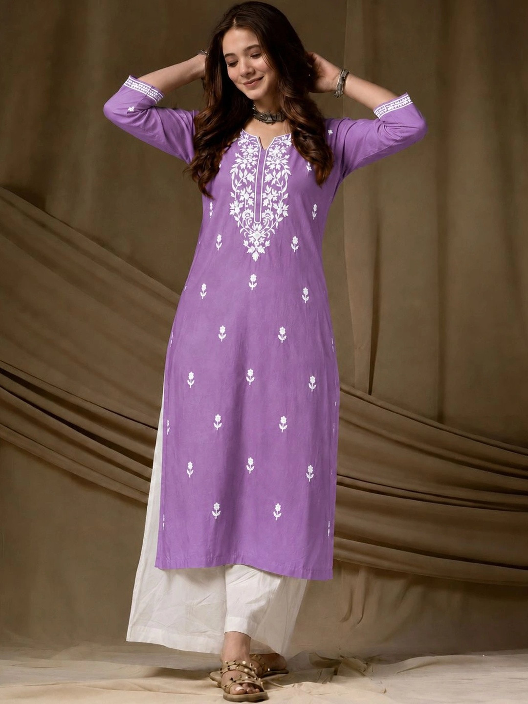 FORKEY Women Ethnic Motifs Embroidered Chikankari Kurta