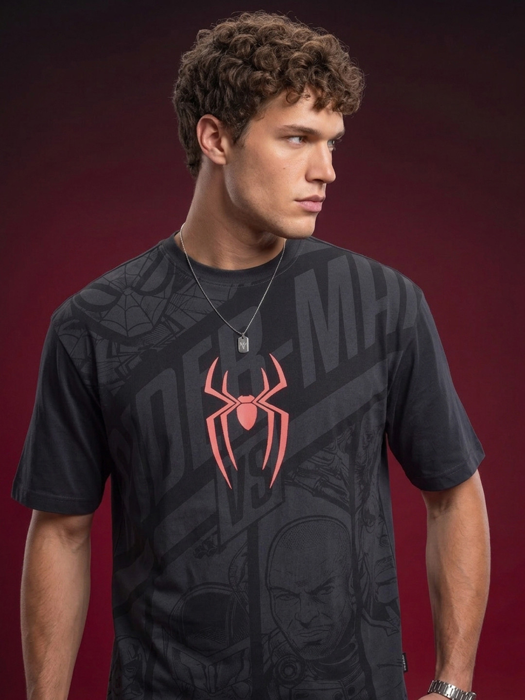 glitchez Spider-Man Printed Drop-Shoulder Sleeves Relaxed Fit T-shirt