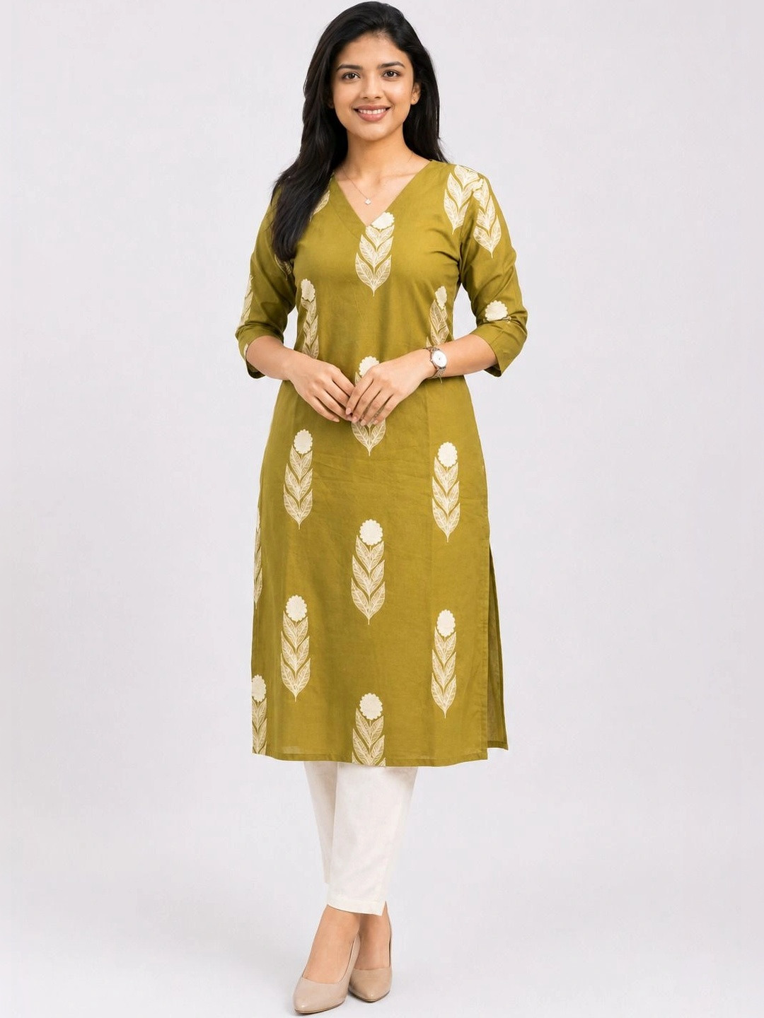 Lugru Collection Botanical Printed V-Neck Kurti