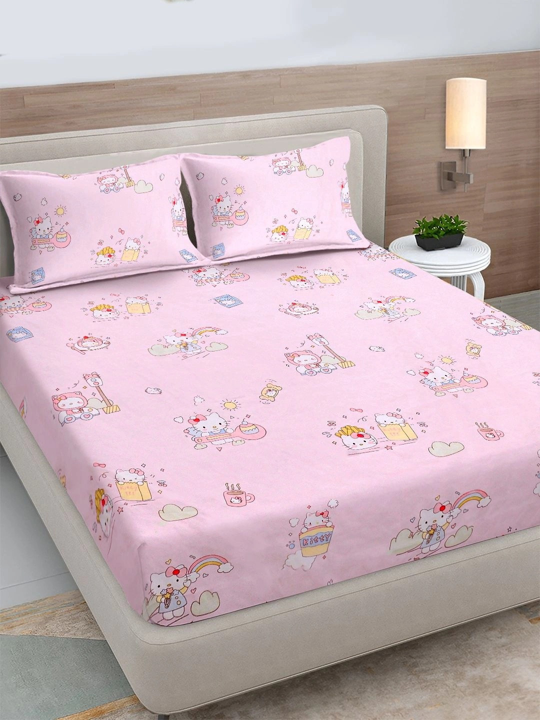 FABINALIV Pink Cartoon Characters 300 TC King Bedsheet with 2 Pillow Covers