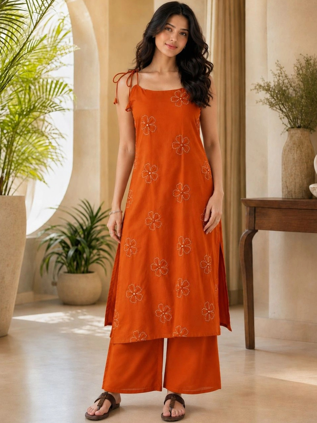 MOKOSH Women Orange Cotton Embroidered And Mirrorwork Kurta With Palazzo Set