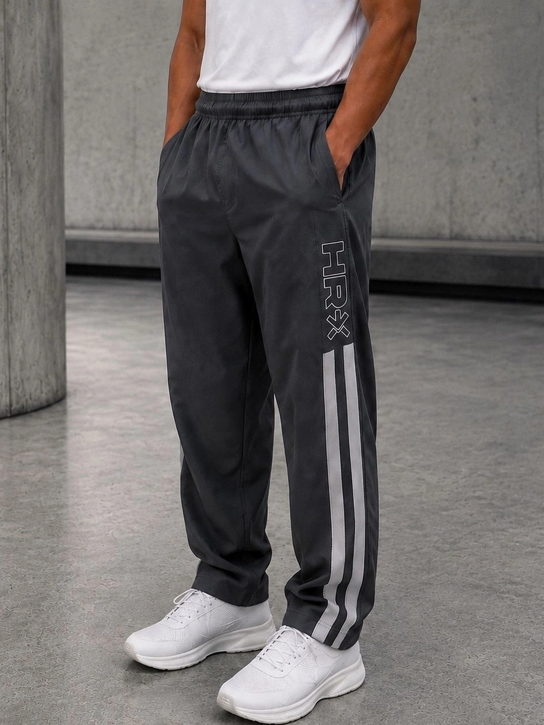 HRX by Hrithik Roshan Men Dark Grey Printed Rapid-Dry Regular Fit Training Track Pants