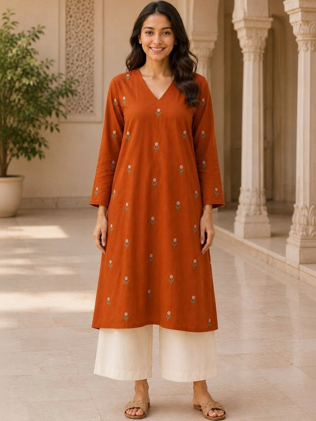 Rahigomar Women Floral Embroidered Regular Thread Work Kurta with Palazzos