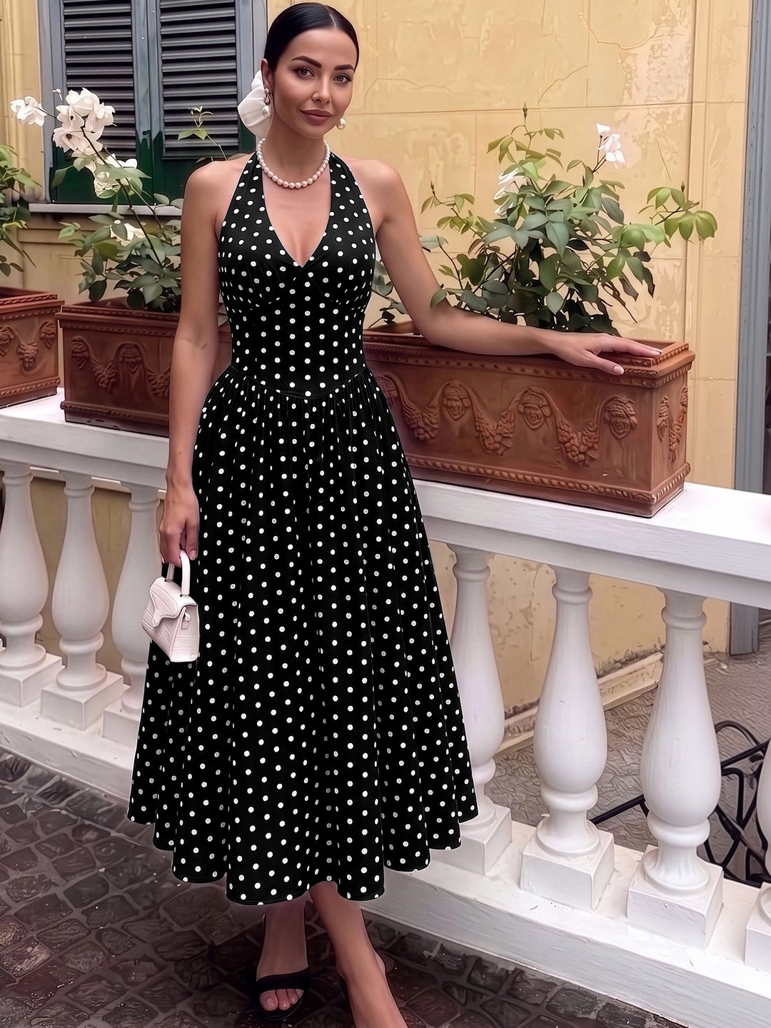 MULVARI Polka Dot Print Halter Neck Fit & Flare Midi Dress