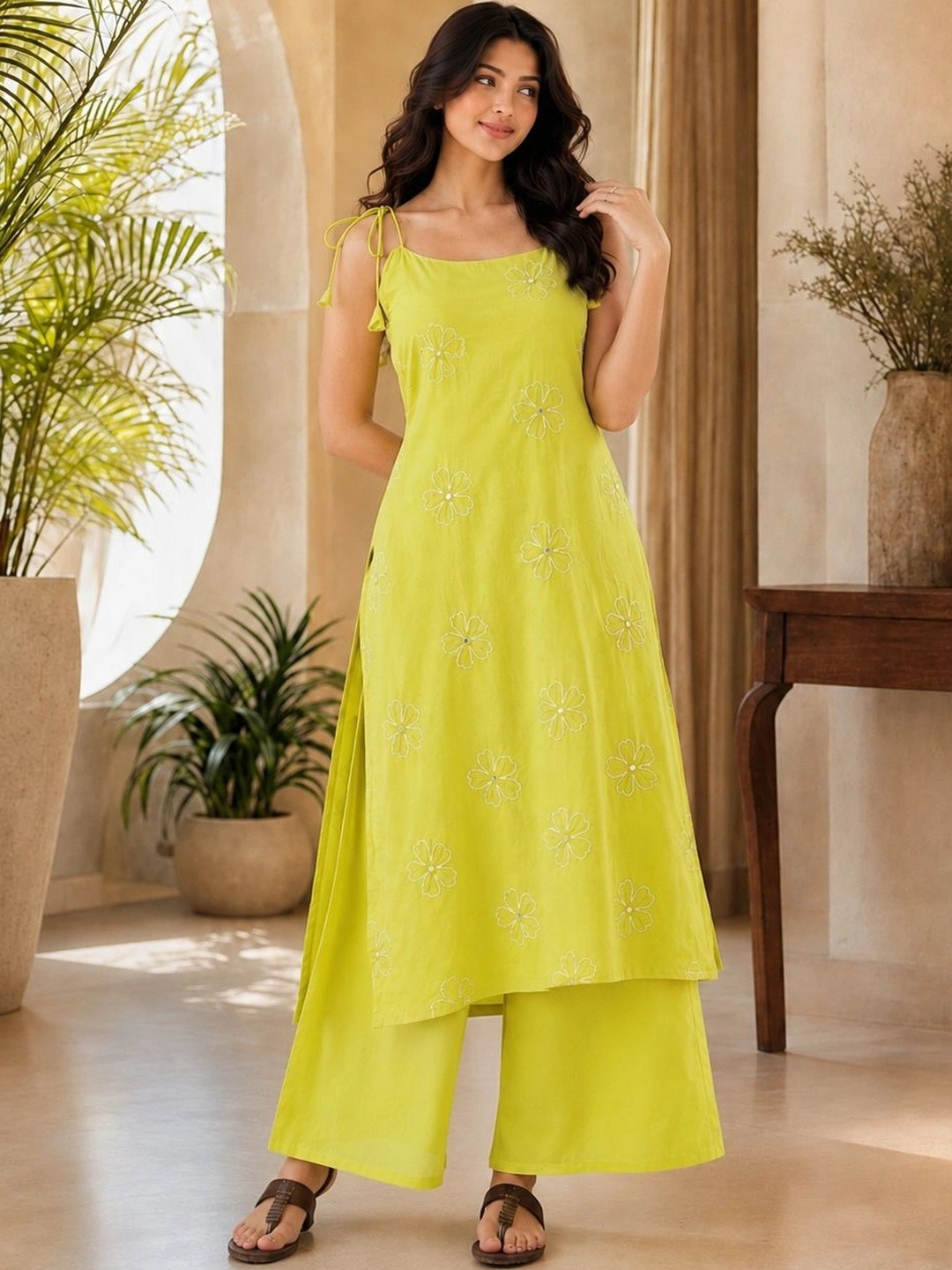 MOKOSH Women Neon Cotton Embroidered And Mirrorwork Kurta With Palazzo Set