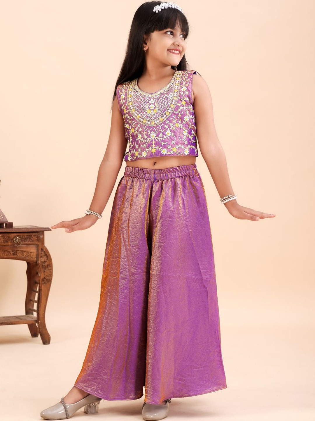 KALINI Girls Ethnic Motifs Embroidered Regular Thread Work Top with Palazzos
