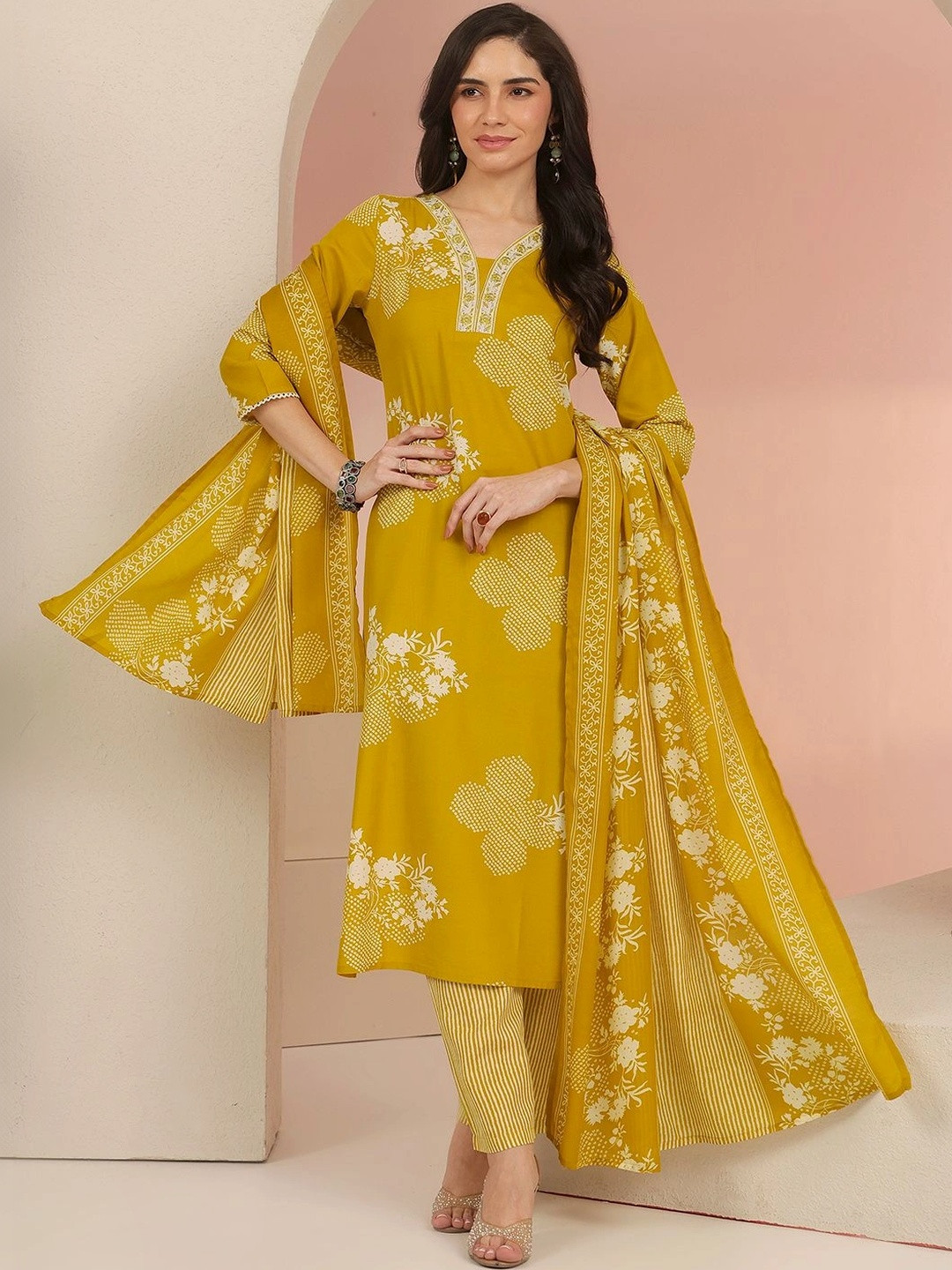 Gerua By Libas Mustard Bandhani Printed Cotton Blend Straight Suit Set