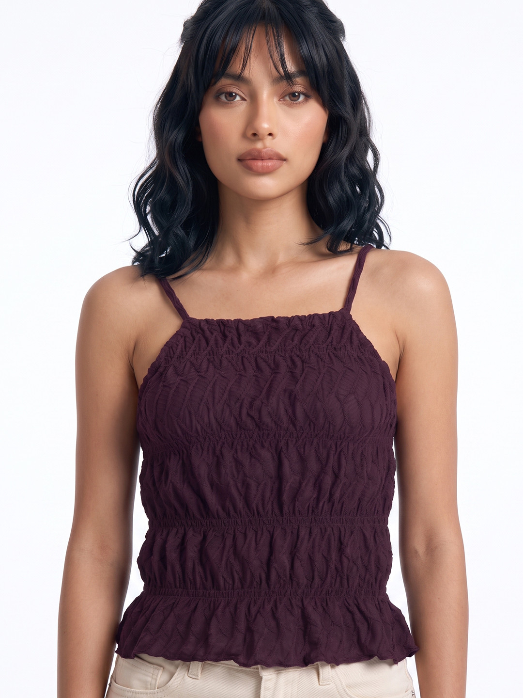 glitchez Self Design Shoulder Straps Fitted Top