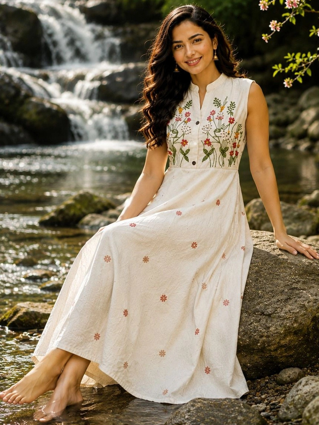 Crazy Needle Women White Floral Embroidered Mandarin Collar A-Line Midi Dress