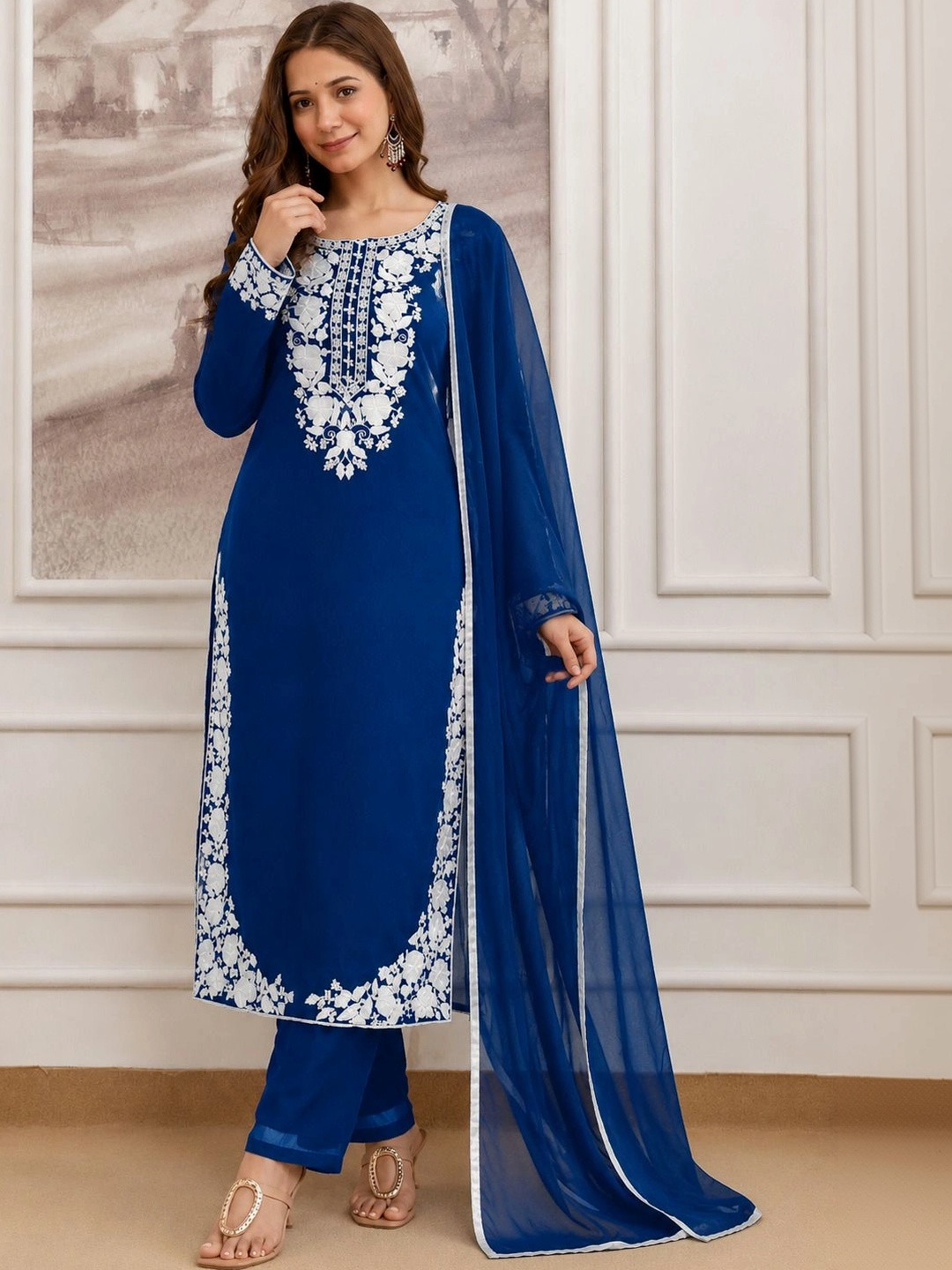 Moda Rapido Women Ethnic Motifs Embroidered Regular Thread Work Kurta with Palazzos & With Dupatta