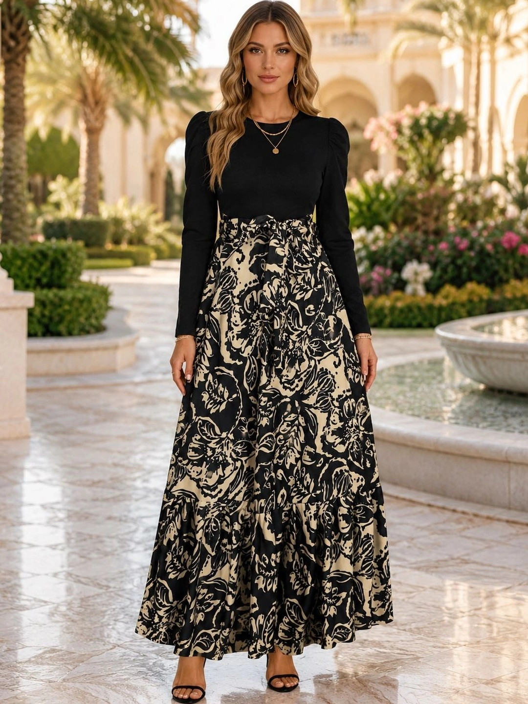 BLACKBERRYS WOMENS Floral Print Puff Sleeve Maxi Dress