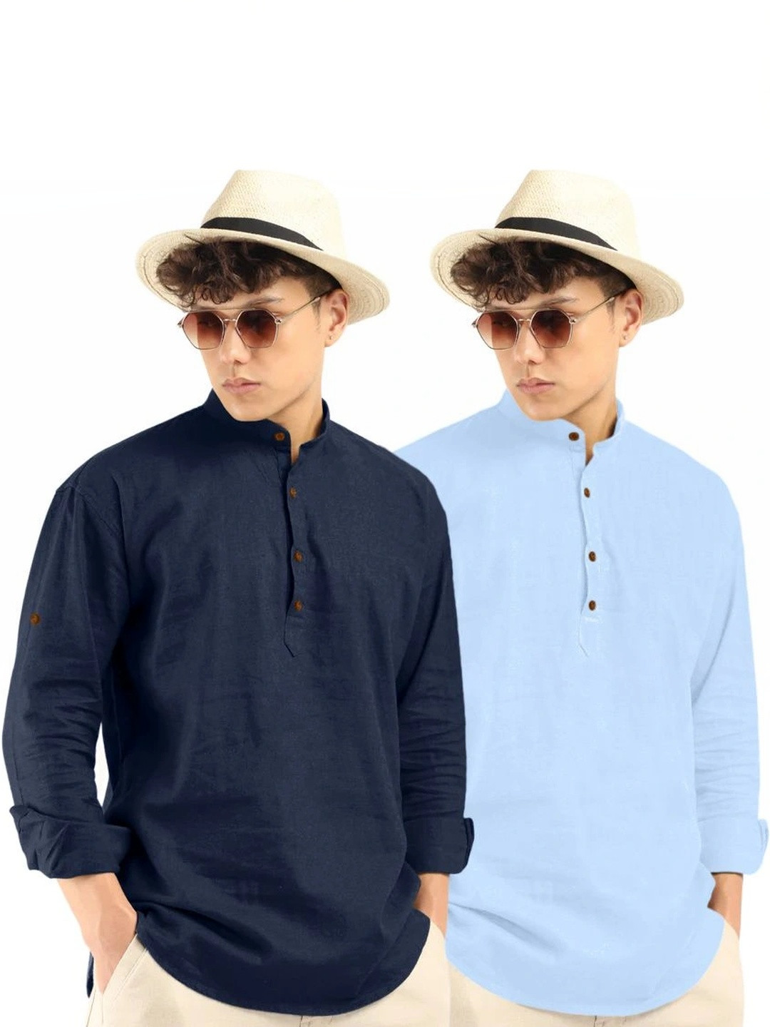 ZBIO Men's Pack of 2 Solid Breathable Mandarin Collar Straight Kurtas