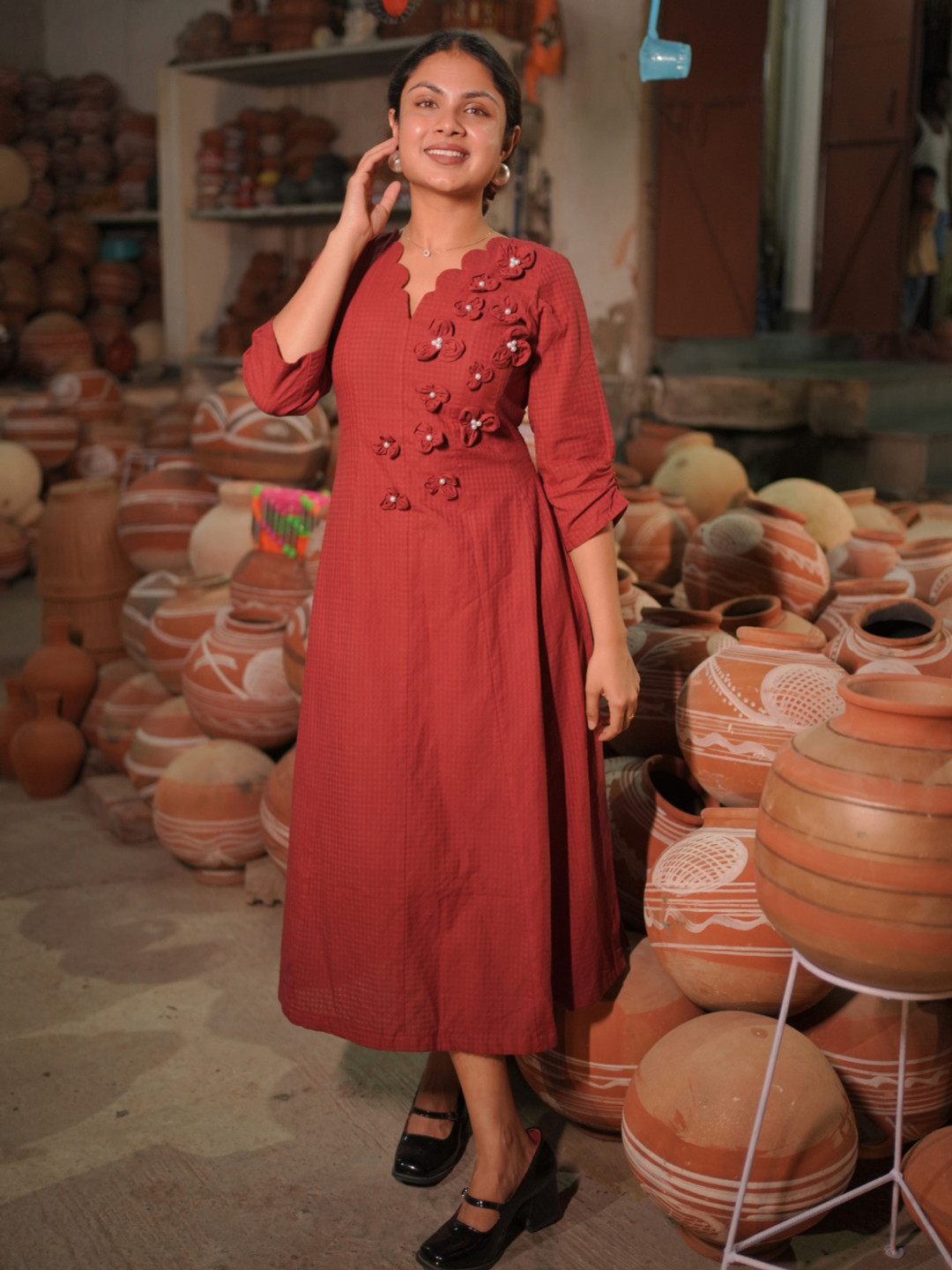 Niyatee Checked Applique A-Line Dress