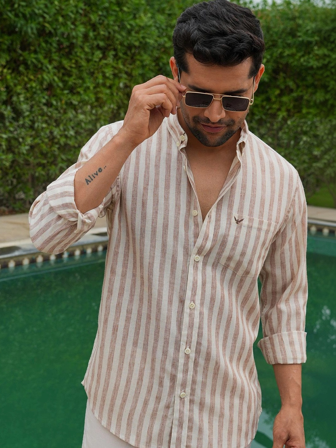 PERCH Slim Fit Vertical Striped Long Sleeves Linen Cotton Shirt