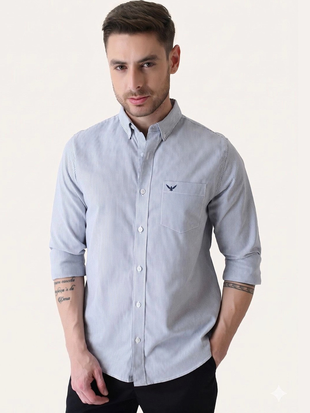 PERCH d Cotton Vertical Stripes Long Sleeves Slim Fit Shirt