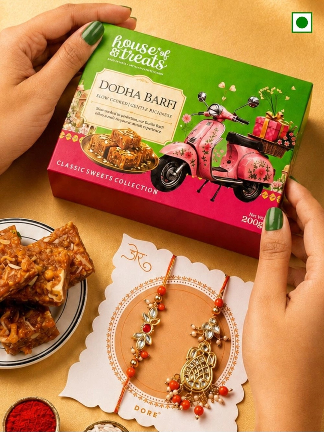 Hyperfoods Sweet Treat Set Of 2 Bhaiya Bhabhi Rakhi With Dodha Barfi Sweet Gifts