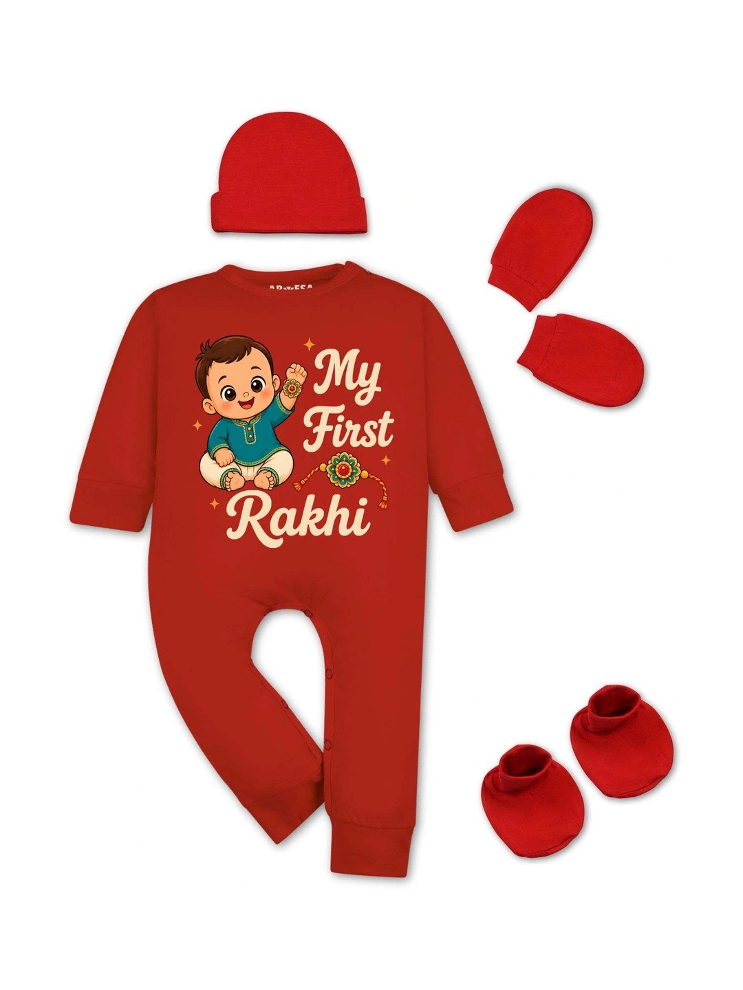 Arvesa My First Rakhi Printed Infants Pack Of 4 Printed Pure Cotton Baby Apparel Gift Set