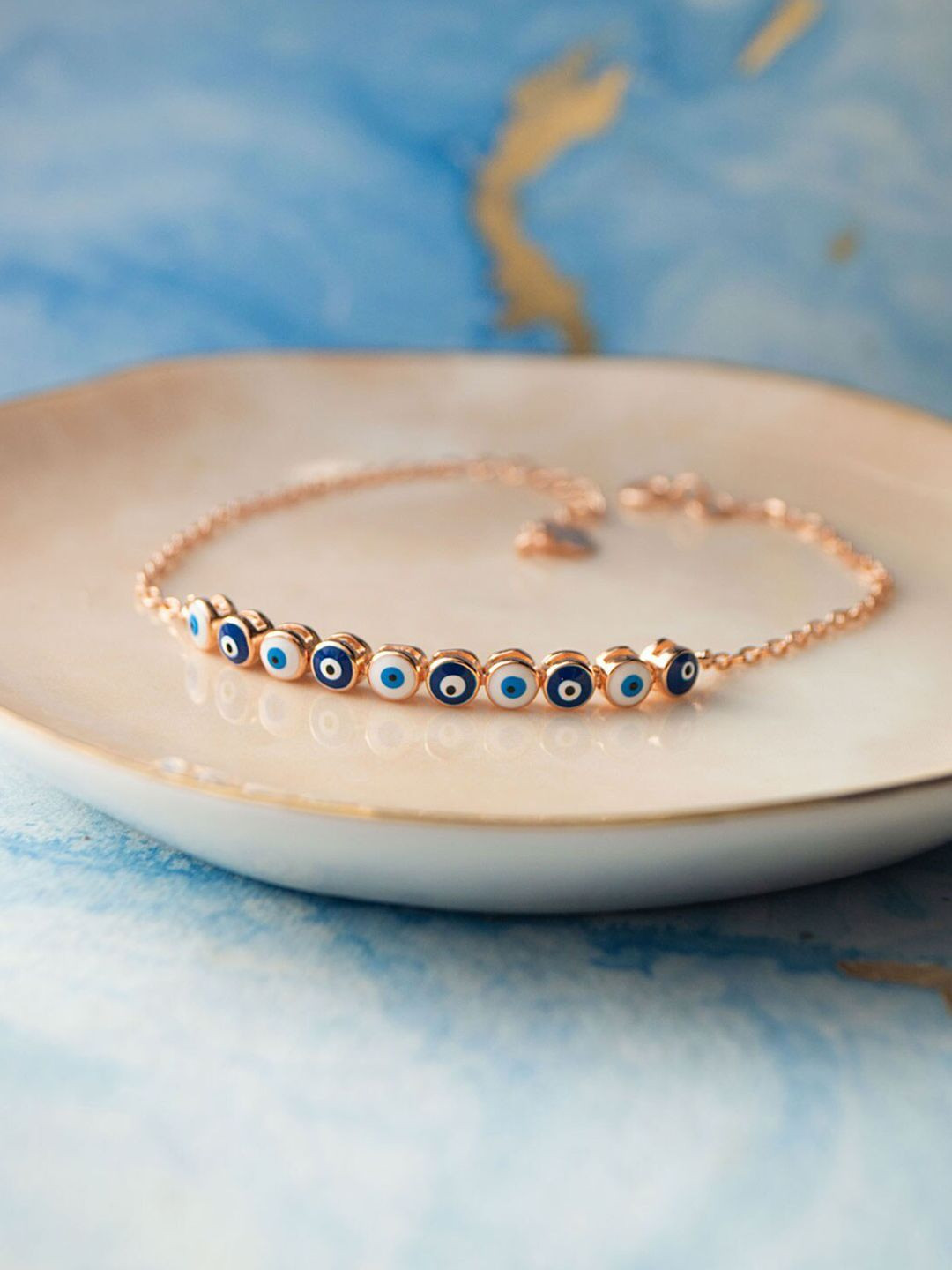 MANNASH Sterling Silver Rose Gold-Plated Evil Eye Link Bracelet