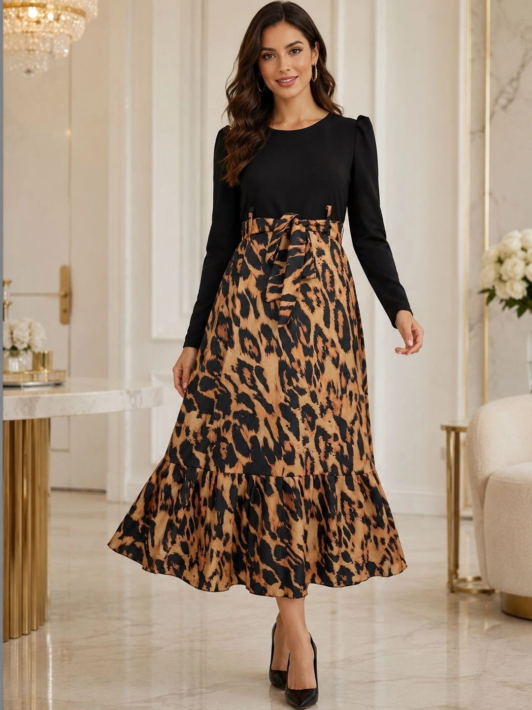 BLACKBERRYS WOMENS Floral Print Puff Sleeve Fit & Flare Maxi Dress