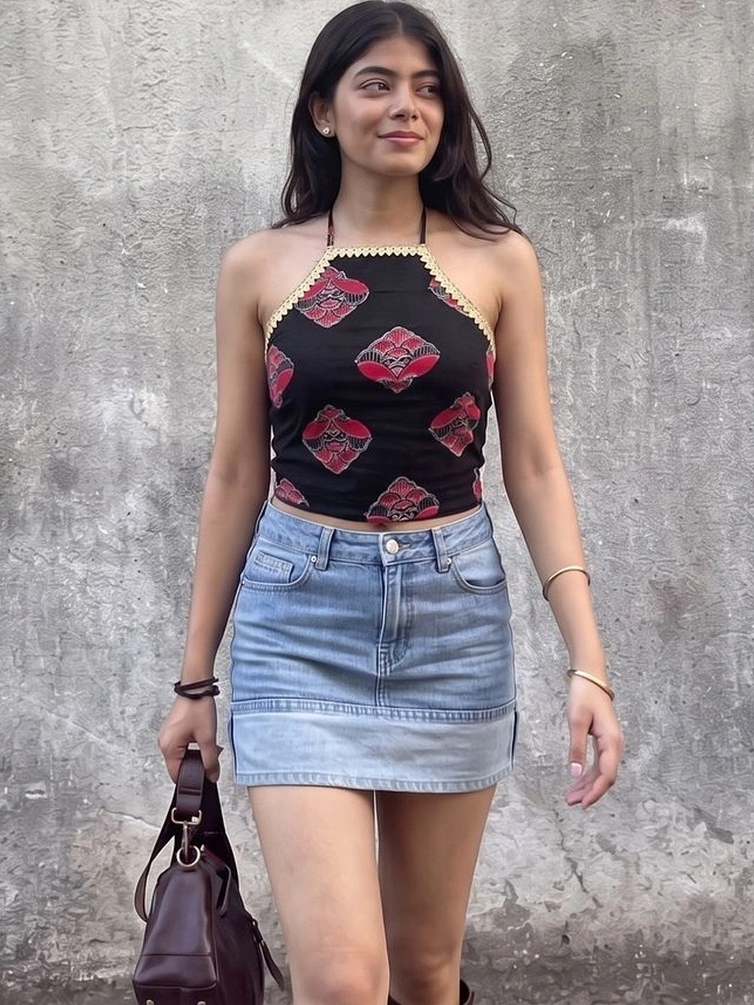 The Suitable Floral Print Halter Neck Bohemian Cotton Blend Tank Crop Top