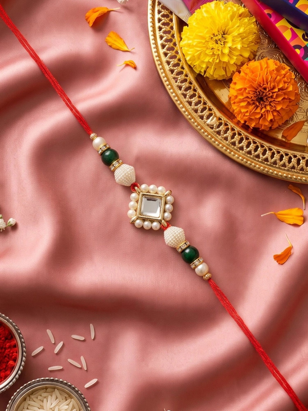 KARATCART Gold Plated Green Beads Kundan Rakhi with Roli & Chawal