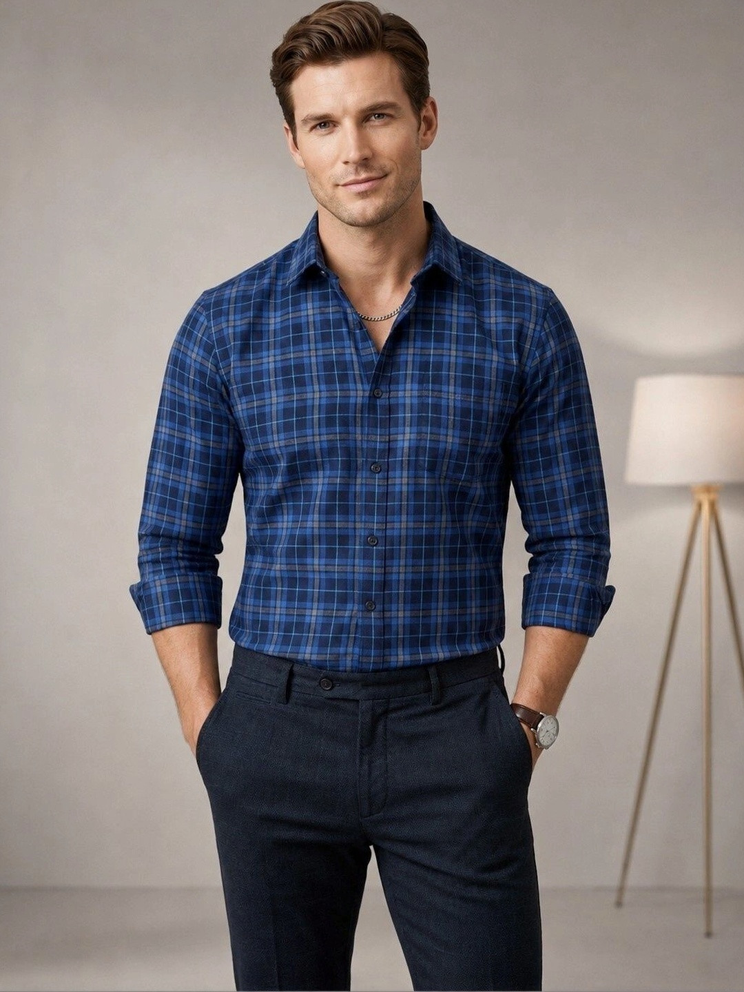 Studio-9 Men Classic Slim Fit Checked Casual Shirt