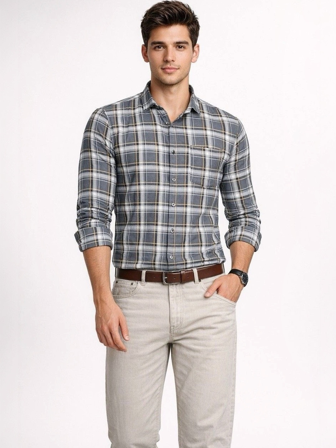 Studio-9 Men Classic Slim Fit Checked Casual Shirt