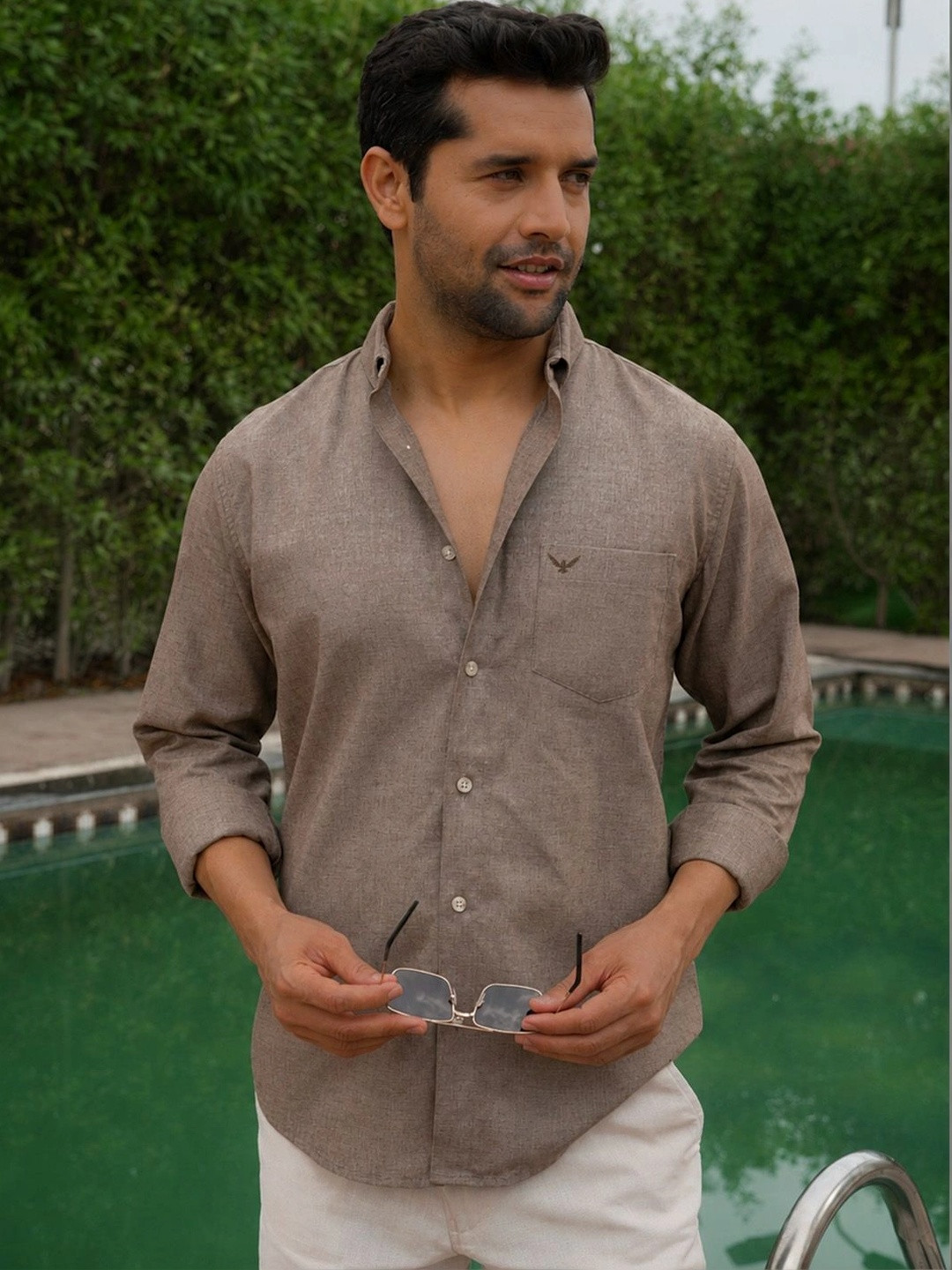PERCH India Slim Textured Button-Down Collar Slim Fit Linen Cotton Casual Shirt